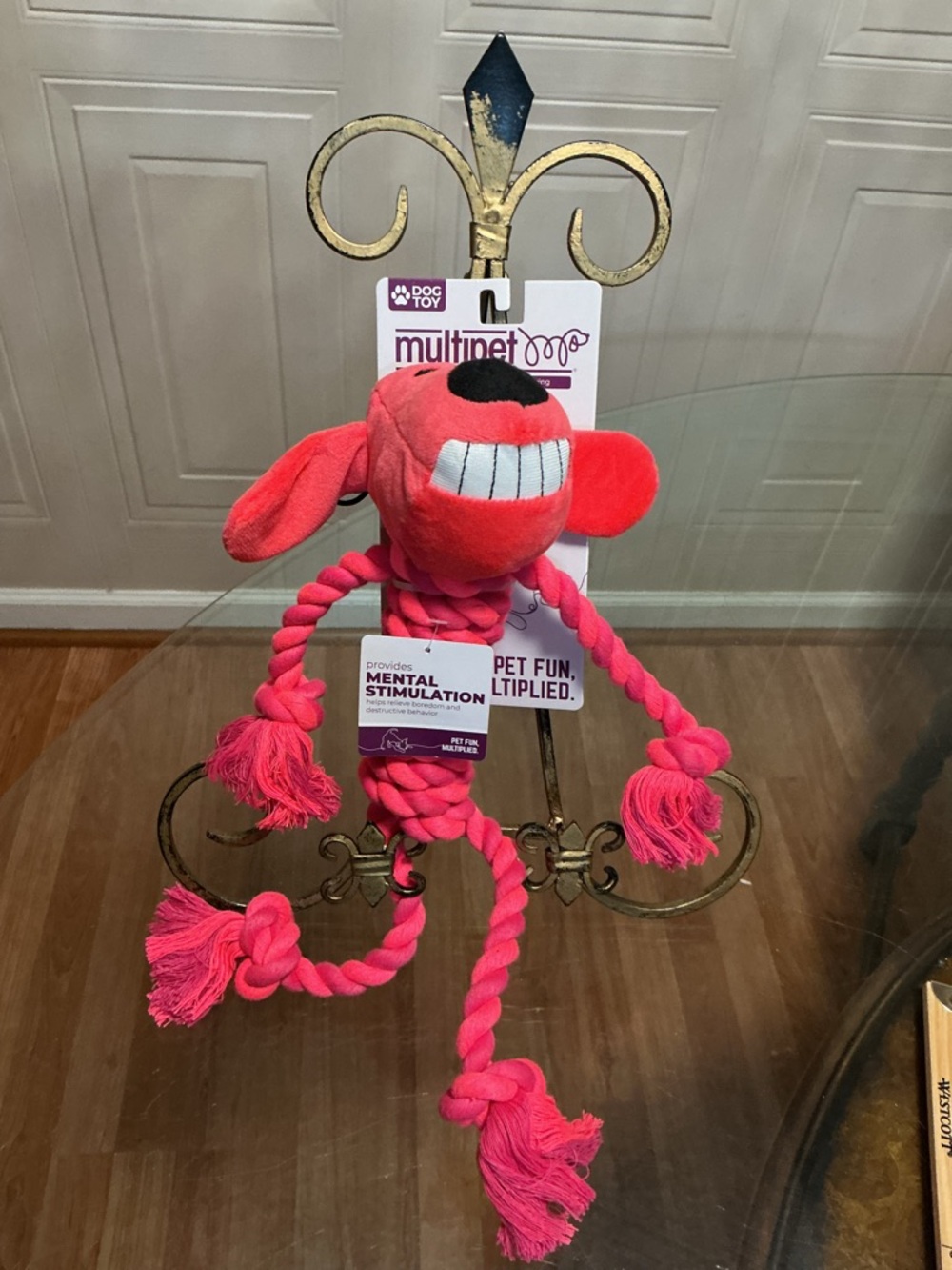 Multipet Loofa Pink Dog W/Rope Body Dog Toy Squeaky 14”